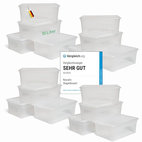 Novaliv 16x Aufbewahrungsboxen mit Deckel 10L transparente Boxen stapelbare Nestbar Storage boxes mit Clipverschluss Kunststoff BPA-frei 37x26x14 cm von Novaliv