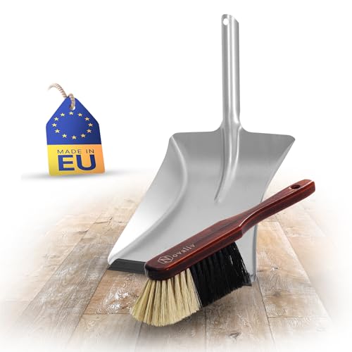 Novaliv Kehrblech Set ROSSHAAR Mischung Handfeger Holz BRAUN LACKIERT mit Kehrblechgarnitur Metall mit Gummilippe Kehrblechbesen weiche Borsten Handbesen Kehrblechset Kehrschaufel Feger und Kehrblech von Novaliv
