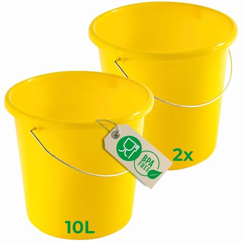 Novaliv 2 Stück Eimer 10L Gelb mit Maßeinteilung - Putzeimer 10 Liter ? 28,5 cm Praktischer Allrounder mit Skala für Haushalt & Garten ideal als Haushaltseimer, Wassereimer, Wischeimer, Bucket von Novaliv