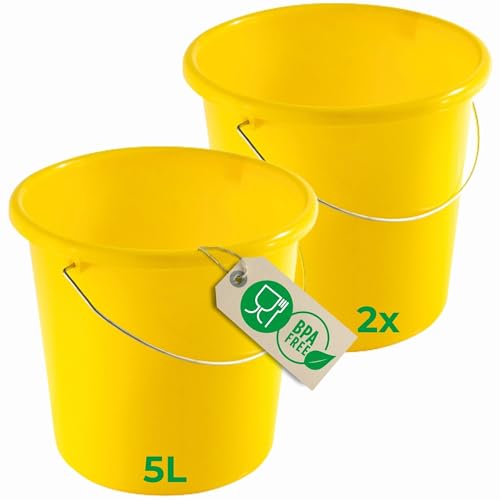 Novaliv 2 Stück Eimer 5L Gelb mit Maßeinteilung - Putzeimer 5 Liter ? 22,5 cm Praktischer Allrounder mit Skala für Haushalt & Garten ideal als Haushaltseimer, Wassereimer, Wischeimer, Bucket von Novaliv