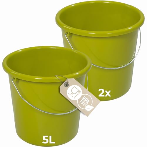 Novaliv 2 Stück Eimer 5L Grün mit Maßeinteilung - Putzeimer 5 Liter ? 22,5 cm Praktischer Allrounder mit Skala für Haushalt & Garten ideal als Haushaltseimer, Wassereimer, Wischeimer, Bucket von Novaliv
