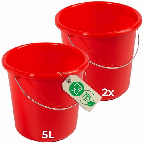 Novaliv 2 Stück Eimer 5L Rot mit Maßeinteilung - Putzeimer 5 Liter ? 22,5 cm Praktischer Allrounder mit Skala für Haushalt & Garten ideal als Haushaltseimer, Wassereimer, Wischeimer, Bucket von Novaliv