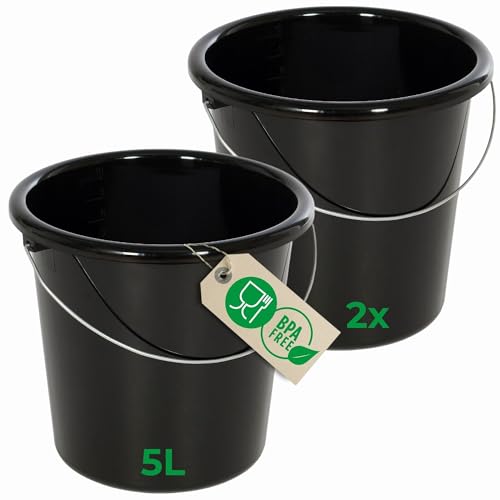 Novaliv 2 Stück Eimer 5L Schwarz mit Maßeinteilung - Putzeimer 5 Liter ? 22,5 cm Praktischer Allrounder mit Skala für Haushalt & Garten ideal als Haushaltseimer, Wassereimer, Wischeimer, Bucket von Novaliv