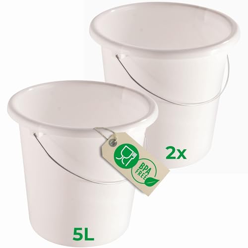 Novaliv 2 Stück Eimer 5L Weiß mit Maßeinteilung - Putzeimer 5 Liter ? 22,5 cm Praktischer Allrounder mit Skala für Haushalt & Garten ideal als Haushaltseimer, Wassereimer, Wischeimer, Bucket von Novaliv