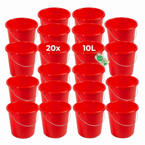 Novaliv 20 Stück Eimer 10L Rot mit Maßeinteilung - Putzeimer 10 Liter ? 28,5 cm Praktischer Allrounder mit Skala für Haushalt & Garten ideal als Haushaltseimer, Wassereimer, Wischeimer, Bucket von Novaliv