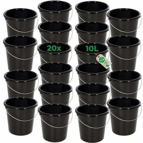 Novaliv 20 Stück Eimer 10L Schwarz mit Maßeinteilung - Putzeimer 10 Liter ? 28,5 cm Praktischer Allrounder mit Skala für Haushalt & Garten ideal als Haushaltseimer, Wassereimer, Wischeimer, Bucket von Novaliv