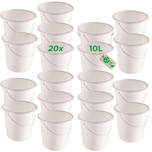Novaliv 20 Stück Eimer 10L Weiß mit Maßeinteilung - Putzeimer 10 Liter ? 28,5 cm Praktischer Allrounder mit Skala für Haushalt & Garten ideal als Haushaltseimer, Wassereimer, Wischeimer, Bucket von Novaliv