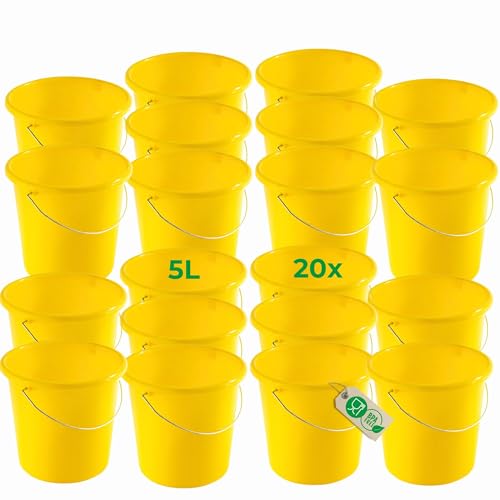 Novaliv 20 Stück Eimer 5L Gelb mit Maßeinteilung - Putzeimer 5 Liter ? 22,5 cm Praktischer Allrounder mit Skala für Haushalt & Garten ideal als Haushaltseimer, Wassereimer, Wischeimer, Bucket von Novaliv