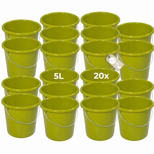 Novaliv 20 Stück Eimer 5L Grün mit Maßeinteilung - Putzeimer 5 Liter ? 22,5 cm Praktischer Allrounder mit Skala für Haushalt & Garten ideal als Haushaltseimer, Wassereimer, Wischeimer, Bucket von Novaliv
