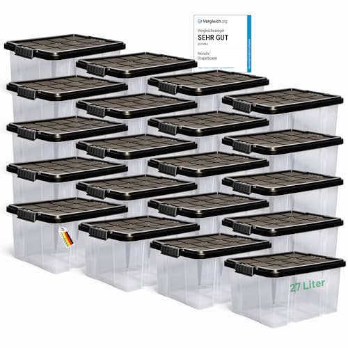 Novaliv 20x Aufbewahrungsboxen mit Deckel 27L Anthrazit Nestbar stapelbare Storage boxes mit Clipverschluss Kunststoffbox BPA-frei 46,5x36,5x24 cm von Novaliv