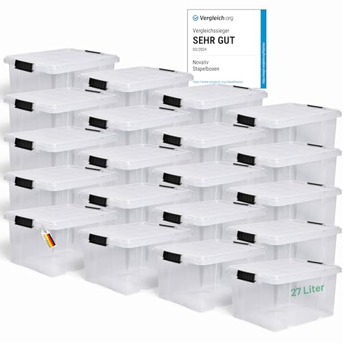 Novaliv 20x Aufbewahrungsboxen mit Deckel 27L transparente Nestbar stapelbare Storage boxes mit Clipverschluss Kunststoffbox BPA-frei 46,5x36,5x24 cm von Novaliv