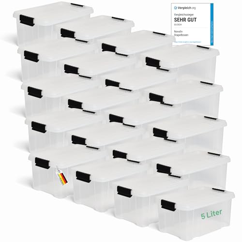 Novaliv 20x Aufbewahrungsboxen mit Deckel 5L transparente Nestbar stapelbare Storage boxes mit Clipverschluss Kunststoff BPA-frei 30 x 19 x 14 cm von Novaliv