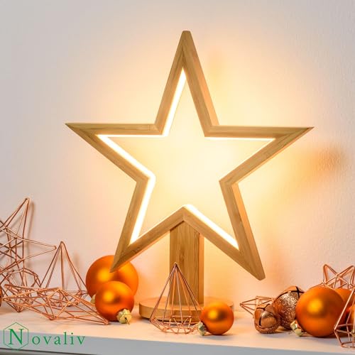 Novaliv 2er Set Bambus LED Sterne mit Standfuß 35 cm Naturholz Tischleuchte LED Warmweiß Weihnachtssterne beleuchtet Moderne Weihnachtsdeko Leuchtstern für Festliche Atmosphäre Nachttischlampe Xmas von Novaliv