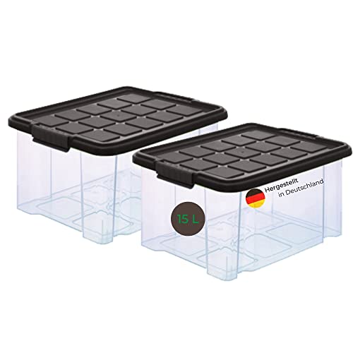 Novaliv 2x Aufbewahrungsbox mit Deckel 15l 40x29x21 mittel Grau Anthrazit transparent Stapelbar Stapelbox Kisten mit Deckel Boxen Plastikbox Kunststoffkiste von Novaliv