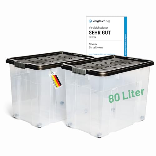 Novaliv 2x Aufbewahrungsboxen mit Deckel Groß 80L Anthrazit nestbar stapelbar mit Clipverschluss Rollboxen Kunststoff BPA-frei 61x40x45 cm von Novaliv