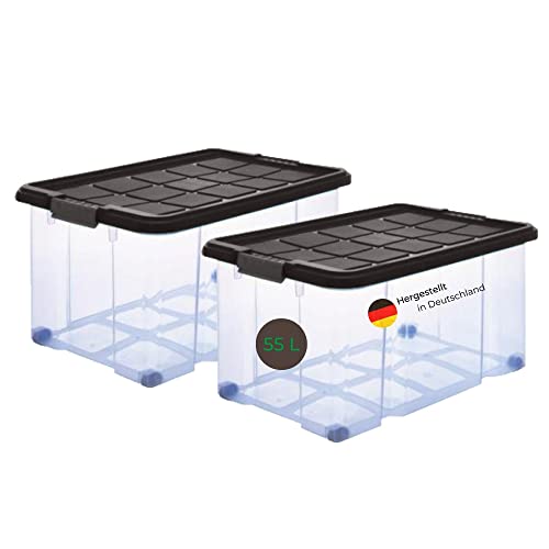 Novaliv 2x Euroboxen mit Deckel Rollen 55l 61x40x34 transparent Grau Anthrazit Aufbewahrungsboxen Groß Stapelboxen Kisten Boxen Kunststoffkiste Lagerbox Spielzeugbox von Novaliv