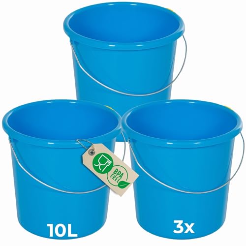 Novaliv 3 Stück Eimer 10L Blau mit Maßeinteilung - Putzeimer 10 Liter ? 28,5 cm Praktischer Allrounder mit Skala für Haushalt & Garten ideal als Haushaltseimer, Wassereimer, Wischeimer, Bucket von Novaliv