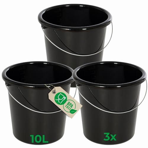 Novaliv 3 Stück Eimer 10L Schwarz mit Maßeinteilung - Putzeimer 10 Liter ? 28,5 cm Praktischer Allrounder mit Skala für Haushalt & Garten ideal als Haushaltseimer, Wassereimer, Wischeimer, Bucket von Novaliv