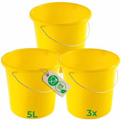 Novaliv 3 Stück Eimer 5L Gelb mit Maßeinteilung - Putzeimer 5 Liter ? 22,5 cm Praktischer Allrounder mit Skala für Haushalt & Garten ideal als Haushaltseimer, Wassereimer, Wischeimer, Bucket von Novaliv