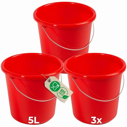Novaliv 3 Stück Eimer 5L Rot mit Maßeinteilung - Putzeimer 5 Liter ? 22,5 cm Praktischer Allrounder mit Skala für Haushalt & Garten ideal als Haushaltseimer, Wassereimer, Wischeimer, Bucket von Novaliv
