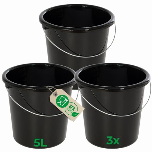 Novaliv 3 Stück Eimer 5L Schwarz mit Maßeinteilung - Putzeimer 5 Liter ? 22,5 cm Praktischer Allrounder mit Skala für Haushalt & Garten ideal als Haushaltseimer, Wassereimer, Wischeimer, Bucket von Novaliv