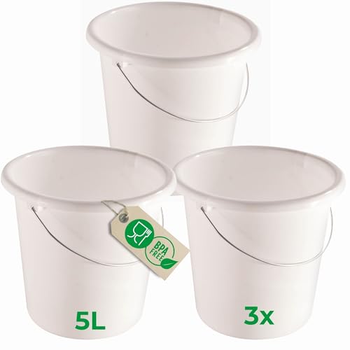 Novaliv 3 Stück Eimer 5L Weiß mit Maßeinteilung - Putzeimer 5 Liter ? 22,5 cm Praktischer Allrounder mit Skala für Haushalt & Garten ideal als Haushaltseimer, Wassereimer, Wischeimer, Bucket von Novaliv