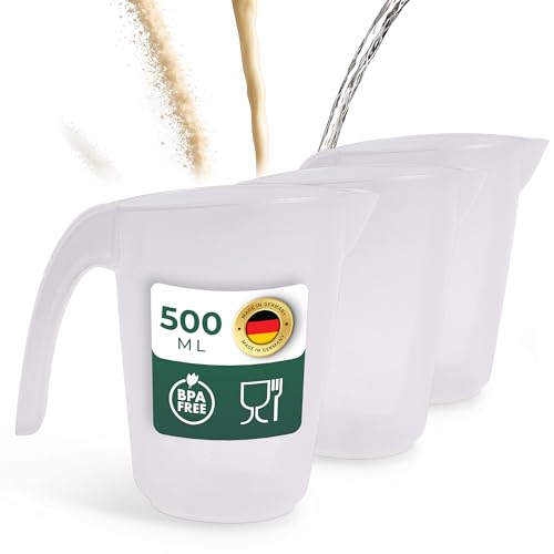 Novaliv 3 Stück Messbecher 500ml, Meßbecher 0,5l Set transparent mit klarer g/ml Skala für Flüssigkeiten Mehl & Zucker, Made in Germany, Spülmaschinenfest, Rührschüssel Dosier Messbehälter von Novaliv