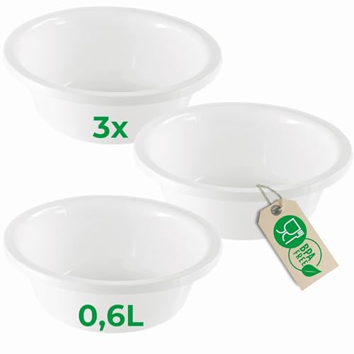 Novaliv 3X Spülschüssel Rund 0,6L, D16 cm, Weiß, BPA-frei & Spülmaschinenfest ? Ideal für Küche und Camping, kleine Rundschüssel, Plastikschüssel klein, Waschschüssel klein, Plastic Bowl von Novaliv