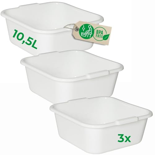 Novaliv 3X Spülschüssel eckig 10,5L, 34x34 cm, Weiß, BPA-frei & Spülmaschinenfest ? Ideal für Küche und Camping, Wanne, Große Plastikschüssel, Waschschüssel eckig, Waschwanne, Abwaschschüssel von Novaliv