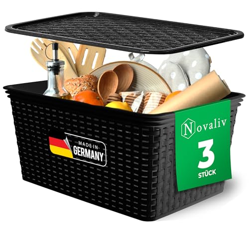 Novaliv 3er Set Aufbewahrungsbox mit Deckel Küche 14L Schwarz Kunststoff Rattan-Optik Küche Aufbewahrung & Organisation BPA-Freie Schrank Organizer Ordnungsboxen für Teebeutel Snacks Gewürze von Novaliv