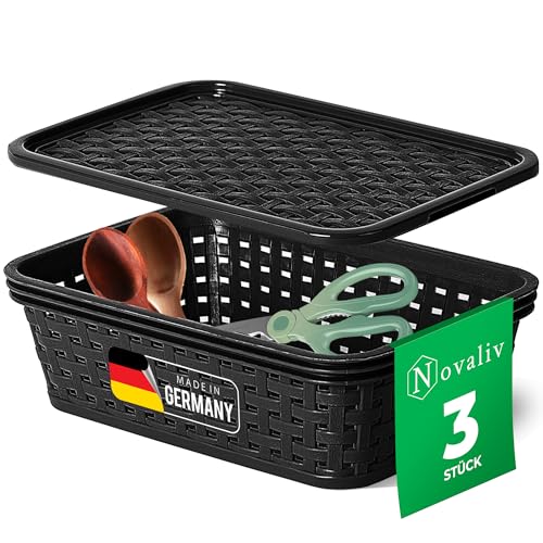 Novaliv 3er Set Aufbewahrungsbox mit Deckel Küche 1L Schwarz Kunststoff Rattan-Optik Küche Aufbewahrung & Organisation BPA-Freie Schrank Organizer Ordnungsboxen für Teebeutel Snacks Gewürze von Novaliv