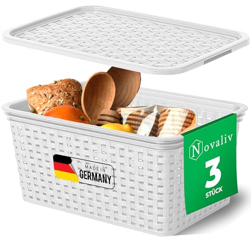 Novaliv 3er Set Aufbewahrungsbox mit Deckel Küche 5L Weiß Kunststoff Rattan-Optik Küche Aufbewahrung & Organisation BPA-Freie Schrank Organizer Ordnungsboxen für Teebeutel Snacks Gewürze von Novaliv