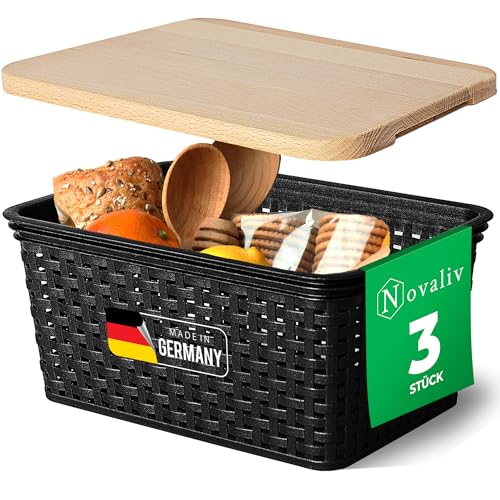 Novaliv 3er Set Aufbewahrungsbox mit Holzdeckel Küche 5L Schwarz Kunststoff Rattan-Optik Küche Aufbewahrung & Organisation BPA-Freie Schrank Organizer Ordnungsboxen für Teebeutel Snacks Gewürze von Novaliv