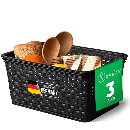 Novaliv 3er Set Lebensmittelechte Körbe Küche Aufbewahrung 5L Schwarz Kunststoff Rattan-Optik Küche Aufbewahrung & Organisation BPA-Freie Lebensmittelaufbewahrungsbox für Teebeutel Snacks Gewürze von Novaliv