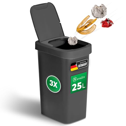 Novaliv 3er-Set Mülleimer 25L mit 2in1 Deckel, Klappdeckel & Schwingdeckel, Anti-Geruch Abfalleimer für Küche Haushalt Büro, Müll Eimer Abfall Bin Trash Kunststoff Abfallbehälter Tonne von Novaliv