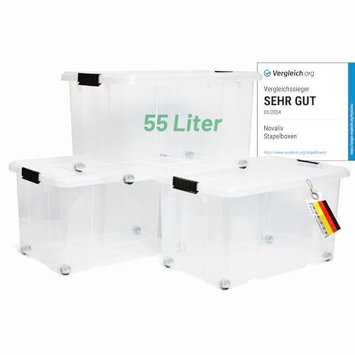 Novaliv 3x Aufbewahrungsboxen mit Deckel Groß 55L transparente Nestbar stapelbar mit Clipverschluss Rollboxen Kunststoff BPA-frei 61x40x32,5 cm von Novaliv