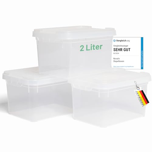 Novaliv 3x Aufbewahrungsboxen mit Deckel klein 2 L transparente Nestbar stapelbare Plastikboxen mit Clipverschluss Kunststoff BPA-frei 19 x 14 x 11 cm von Novaliv