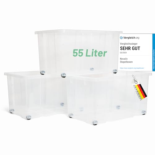 Novaliv 3x Aufbewahrungsboxen ohne Deckel Groß 55L transparente Nestbar stapelbar Rollboxen Kunststoff BPA-frei 59x39x31,5 cm von Novaliv