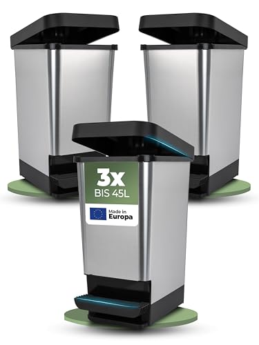 Novaliv 3x Großer Mülleimer mit Deckel - 45L Tretmülleimer - Stabiler Abfalleimer mit Deckel & Fußpedal - Geruchsdichter Mülleimer Küche u.v.m - Treteimer Müllbehälter von Novaliv