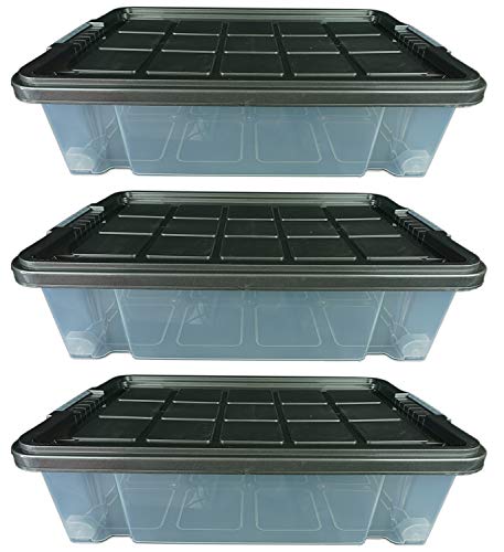Novaliv 3x Unterbettkommode mit Deckel Rollen Flach 28 l 61x40x18 transparent Grau Anthrazit Stapelkiste Unterbettbox Aufbewahrung underbed storage box Rollbox Plastikkiste Bettbox von Novaliv