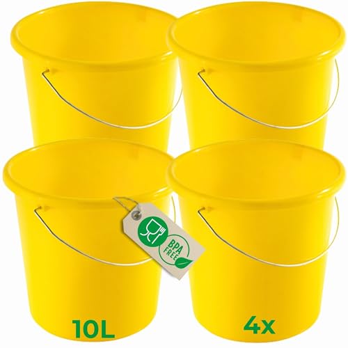 Novaliv 4 Stück Eimer 10L Gelb mit Maßeinteilung - Putzeimer 10 Liter ? 28,5 cm Praktischer Allrounder mit Skala für Haushalt & Garten ideal als Haushaltseimer, Wassereimer, Wischeimer, Bucket von Novaliv