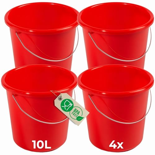 Novaliv 4 Stück Eimer 10L Rot mit Maßeinteilung - Putzeimer 10 Liter ? 28,5 cm Praktischer Allrounder mit Skala für Haushalt & Garten ideal als Haushaltseimer, Wassereimer, Wischeimer, Bucket von Novaliv