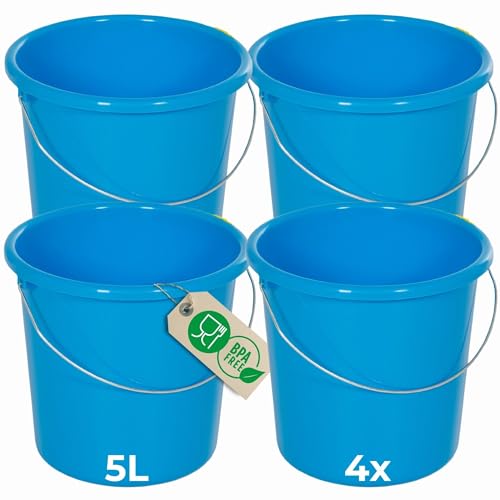 Novaliv 4 Stück Eimer 5L Blau mit Maßeinteilung - Putzeimer 5 Liter ? 22,5 cm Praktischer Allrounder mit Skala für Haushalt & Garten ideal als Haushaltseimer, Wassereimer, Wischeimer, Bucket von Novaliv