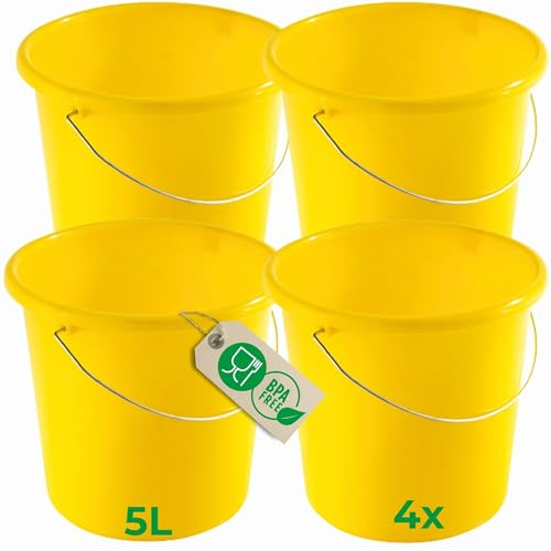 Novaliv 4 Stück Eimer 5L Gelb mit Maßeinteilung - Putzeimer 5 Liter ? 22,5 cm Praktischer Allrounder mit Skala für Haushalt & Garten ideal als Haushaltseimer, Wassereimer, Wischeimer, Bucket von Novaliv