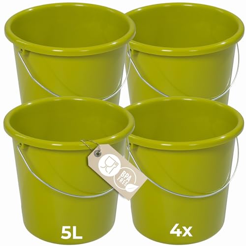 Novaliv 4 Stück Eimer 5L Grün mit Maßeinteilung - Putzeimer 5 Liter ? 22,5 cm Praktischer Allrounder mit Skala für Haushalt & Garten ideal als Haushaltseimer, Wassereimer, Wischeimer, Bucket von Novaliv