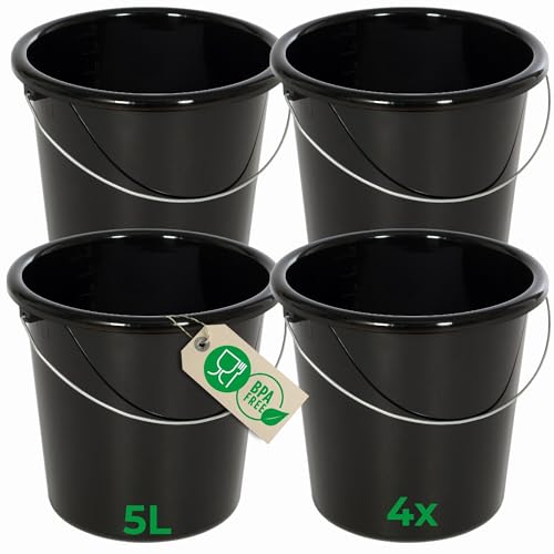 Novaliv 4 Stück Eimer 5L Schwarz mit Maßeinteilung - Putzeimer 5 Liter ? 22,5 cm Praktischer Allrounder mit Skala für Haushalt & Garten ideal als Haushaltseimer, Wassereimer, Wischeimer, Bucket von Novaliv