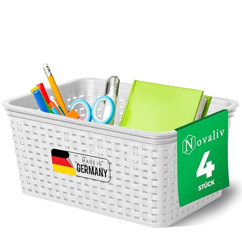 Novaliv 4 Stück Elegante Aufbewahrungskörbe in Rattan-Optik | Weiß Kunststoff 5L ? für Büro und Zuhause. Vielseitige Kisten zur Aufbewahrung. Ideale Aufbewahrungsbox Organizer Ordnungsbox von Novaliv