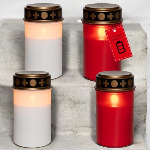 Novaliv 4 Stück Grablichter LED mit Batterie Grablichter weiß u. rot Dauerbrenner Grablicht LED Kerzen flackernde Flamme Friedhofskerze Gedenkkerze Grablaterne Ewiges Licht Trauerkerze Novaliv 4 Stück Grablichter LED mit Batterie Grablichter weiß u. rot Dauerbrenner Grablicht LED Kerzen flackernde Flamme Friedhofskerze Gedenkkerze Grablaterne Ewiges Licht Trauerkerze von Novaliv