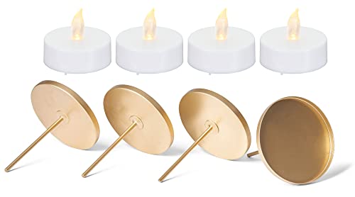 Novaliv 4X Kerzenpick flach 6,5cm Gold mit 4X LED Teelichter Maxi Kerzenpick für Adventskranz Weihnachten Kerzenständer Kerzentülle Metall Adventskerzenhalter Kerzenteller zum Stecken Kerzenhalter von Novaliv
