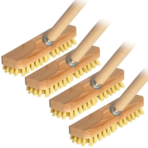 Novaliv 4X Scheuerbürste mit Holzstange aus Holz mit PPN Borsten| Wischer mit Gewinde| robuste Scheuerbürsten| Boden-Bürste| für Balkon Terrasse Garten Innen- Außenbereich von Novaliv